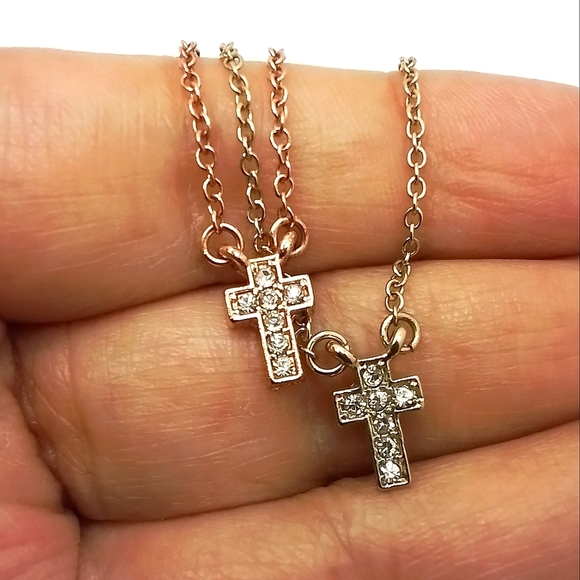 Two TONE DOUBLE strand CROSS PENDENT NECKLACE - Picture 1 of 5